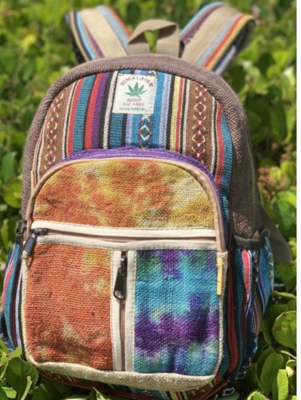 Boho Himalayan Hemp Mini Backpack Handmade Nepal Woven Rainbow Festival Rucksack